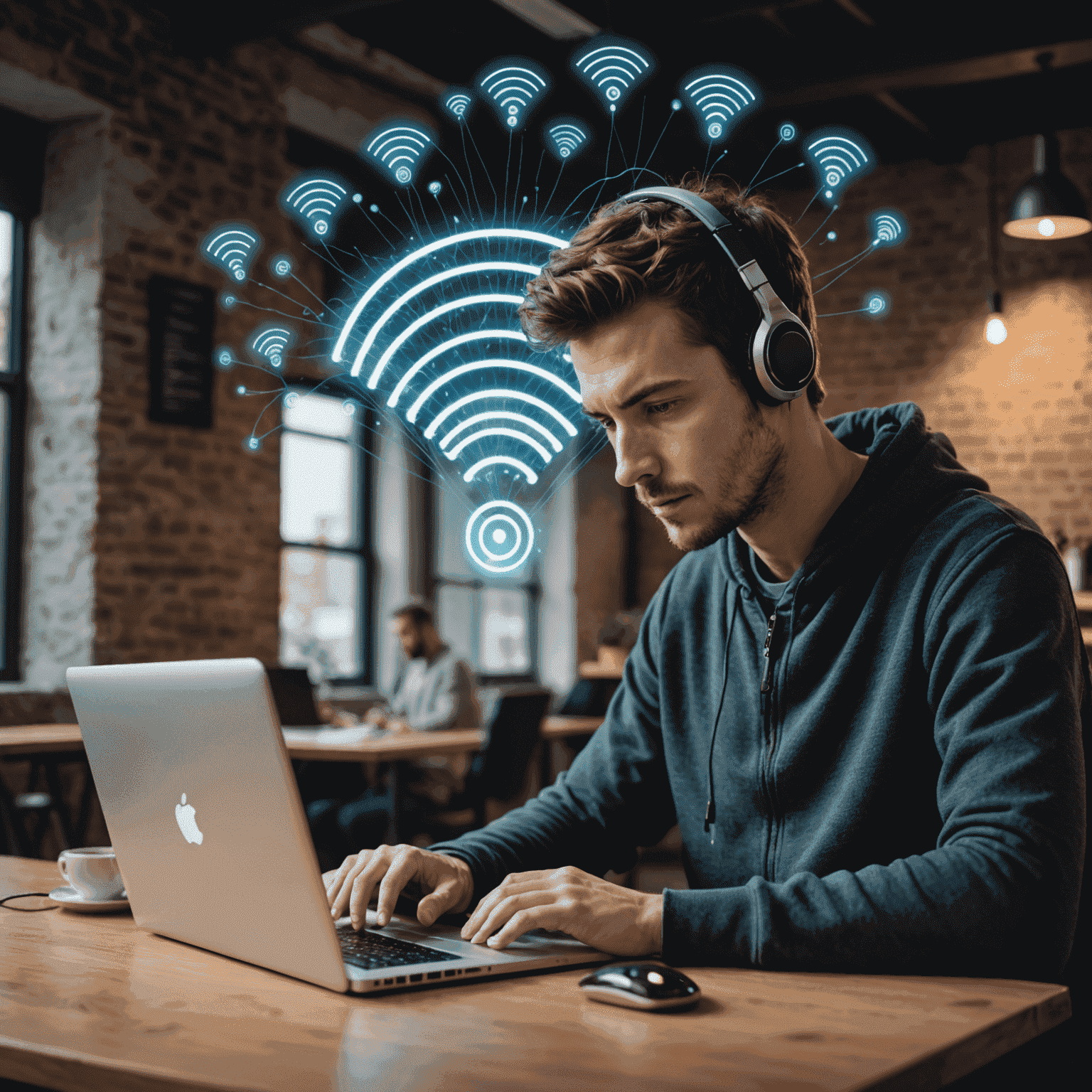 A person using a laptop with Wi-Fi signals emanating from a router, symbolizing fast and efficient internet connection