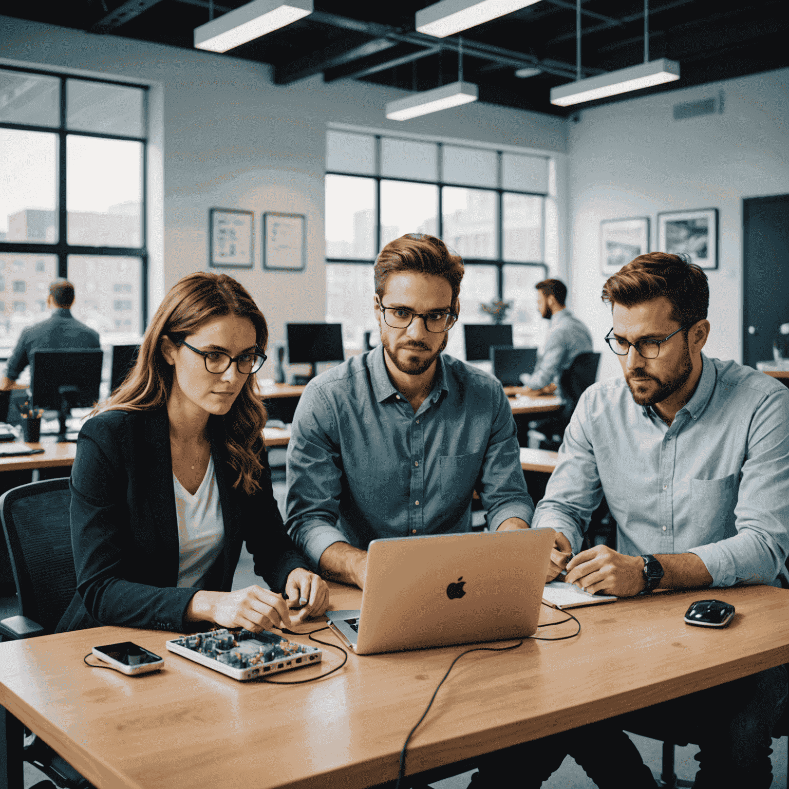 A team of Wi-Fi technicians working on routers and network equipment in a modern office setting, showcasing their expertise in improving internet connections and optimizing home networks