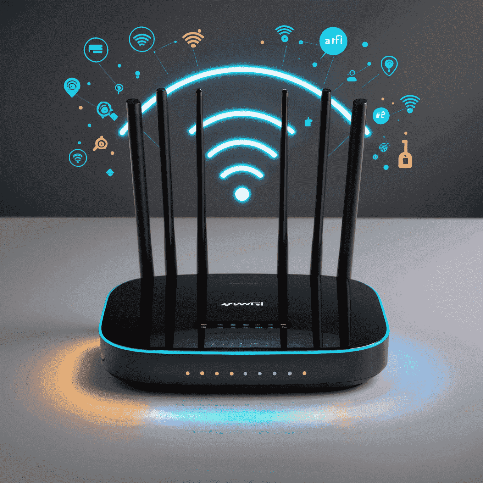 A modern Wi-Fi router with glowing lights, surrounded by icons representing different settings such as security, channel selection, and bandwidth allocation