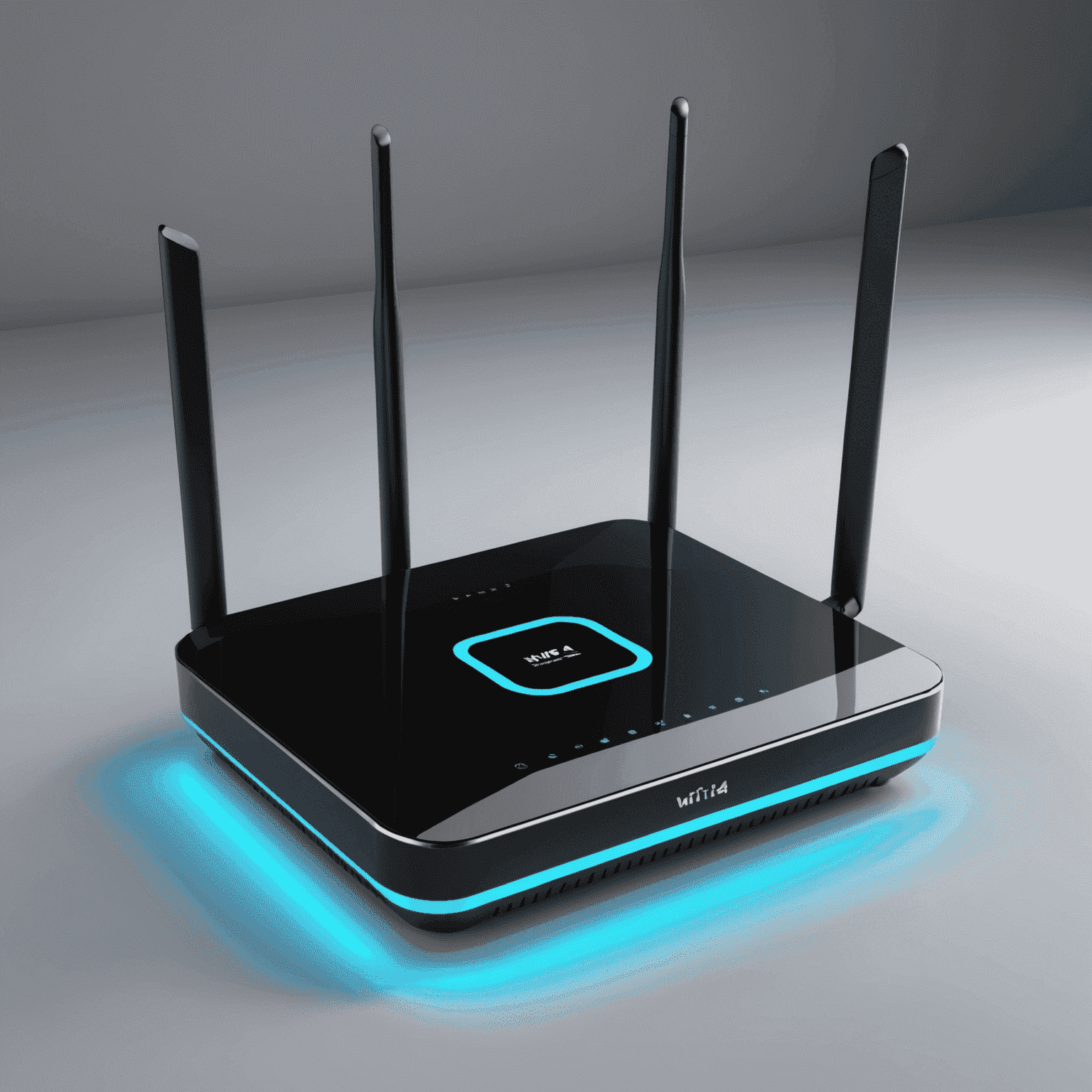 A modern Wi-Fi router with glowing lights, showcasing various settings and configuration options on a digital display