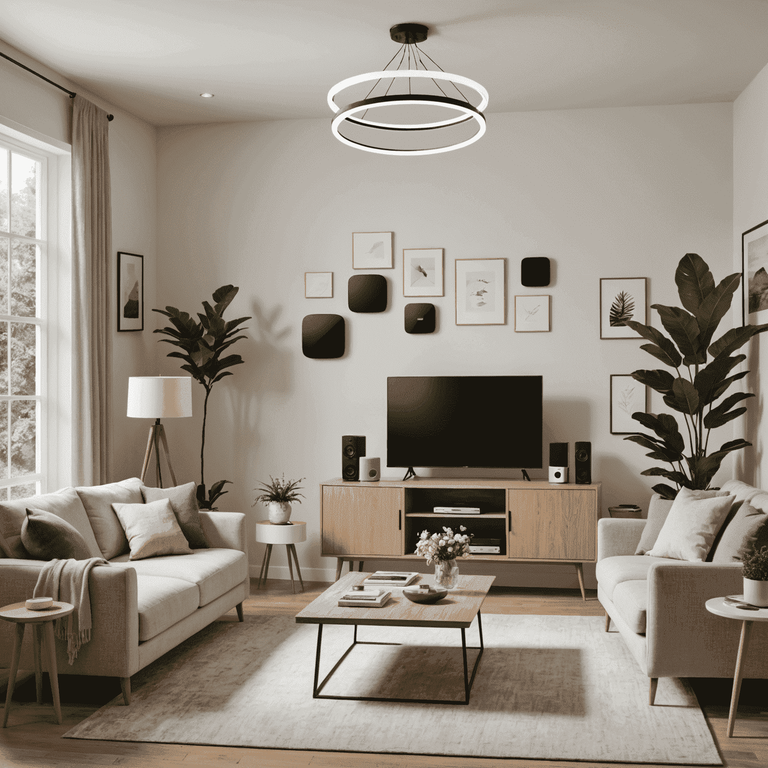 A living room with multiple devices connected to a Wi-Fi network, showcasing a Wi-Fi extender eliminating dead zones