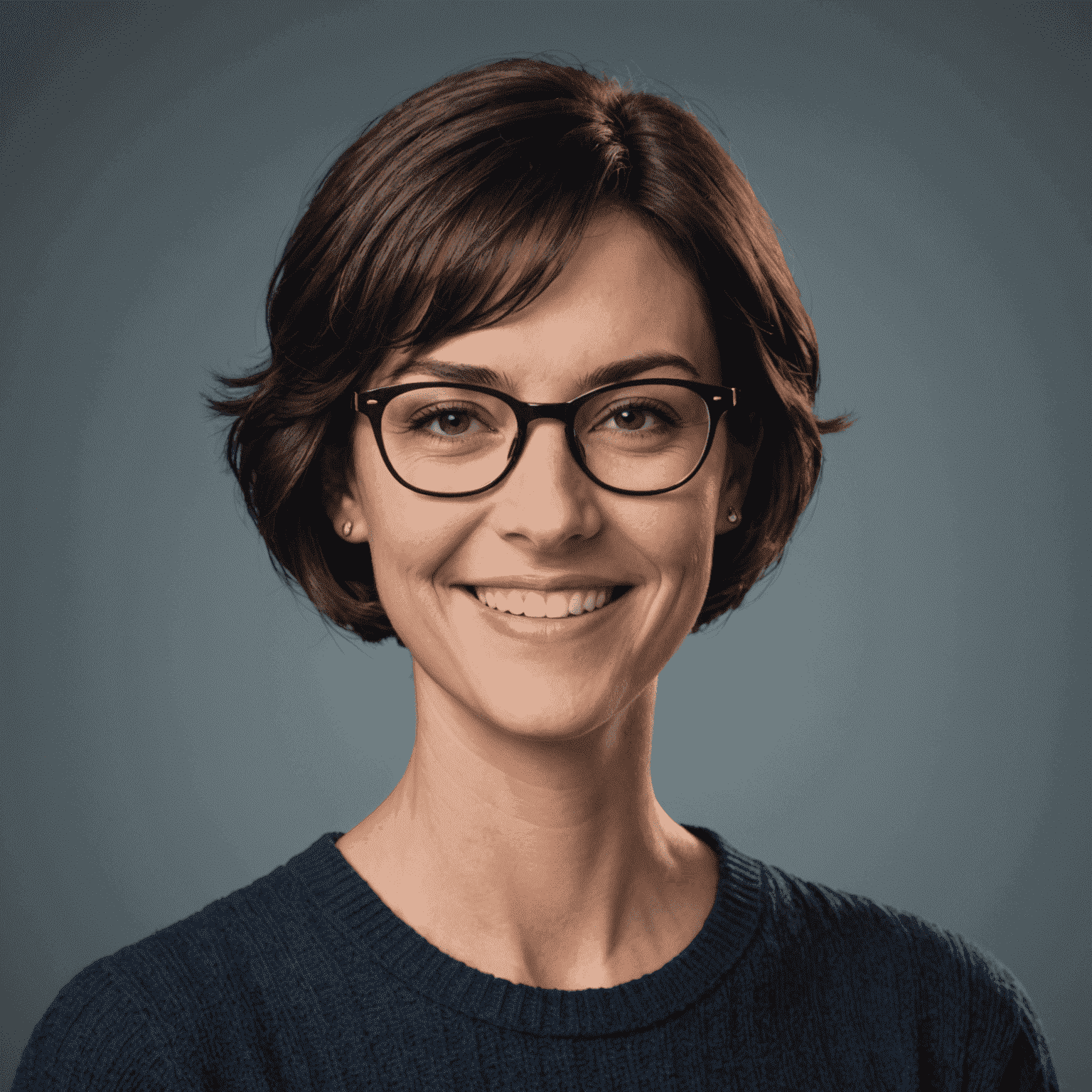 Sarah Johnson, a woman with short dark hair and glasses, smiling at the camera