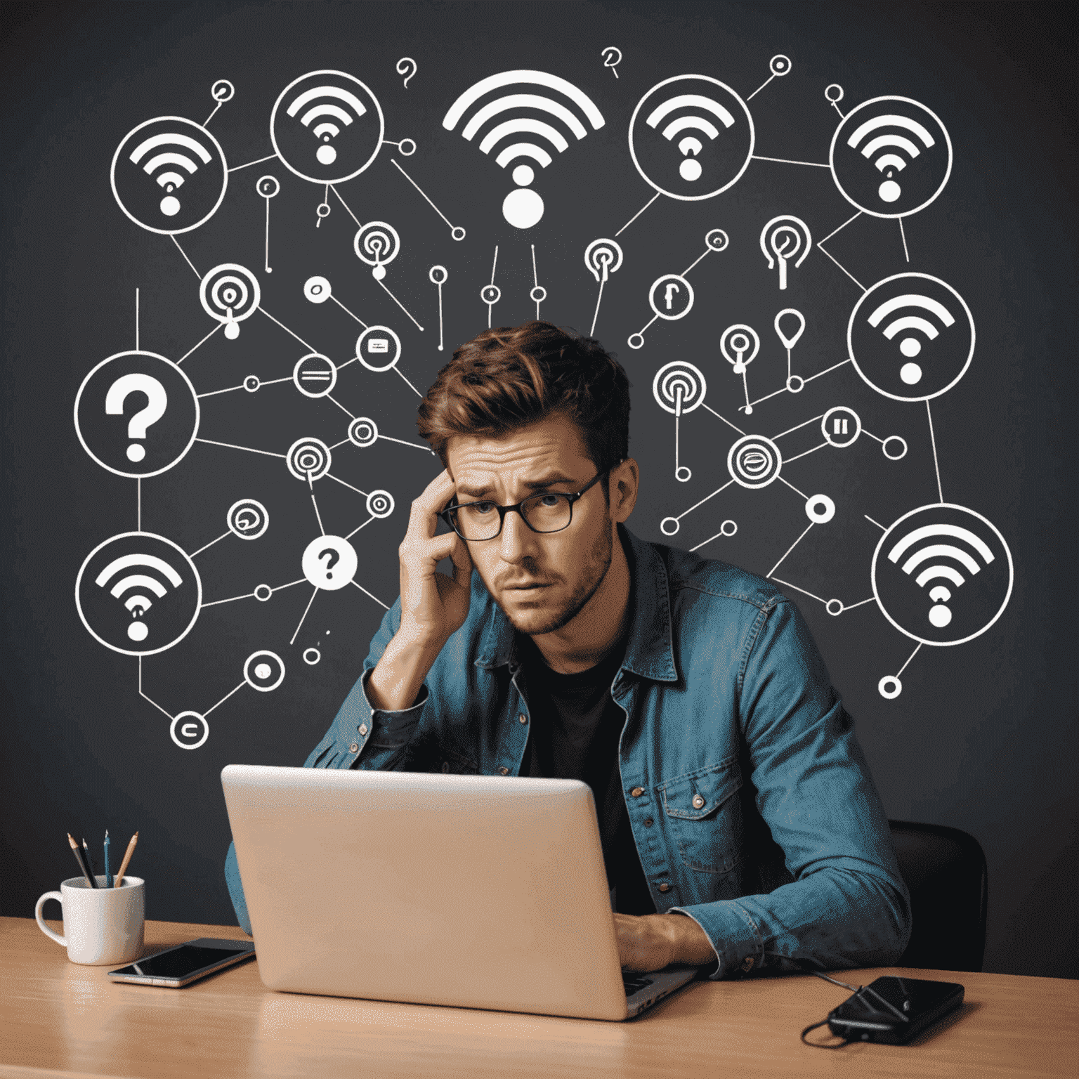 A person looking frustrated at a laptop with a Wi-Fi symbol and question marks, surrounded by common troubleshooting tools like a signal strength meter and network cable