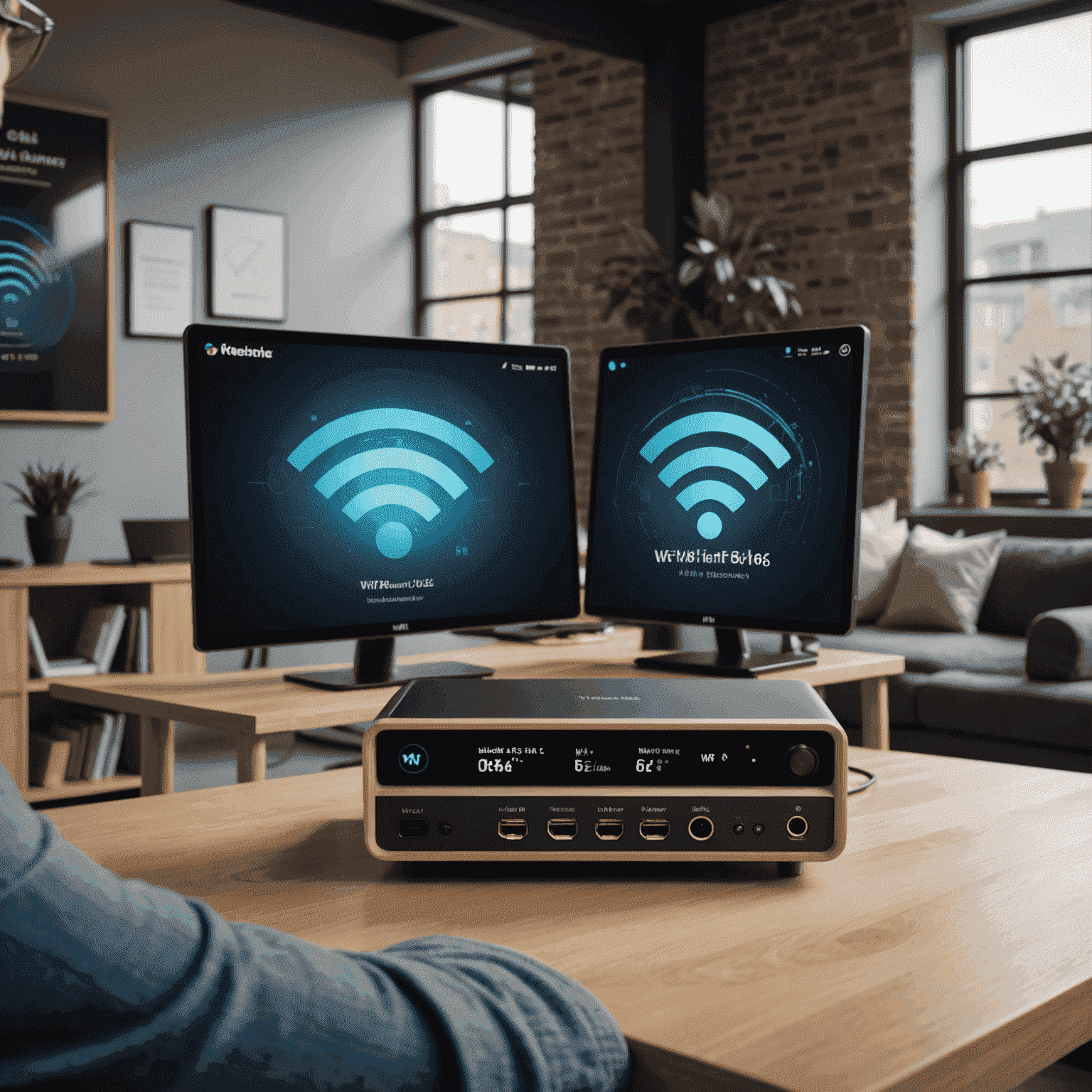 A split image comparing Wi-Fi 6 and Wi-Fi 6E technologies, showing their respective frequency bands and features